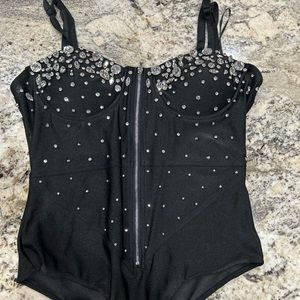 Rhinestone Zip Front Bodysuit LG